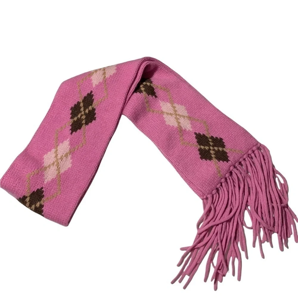 Mariele Waithe 100% Cashmere Pink Argyle Print Fringe Sweater Pink GUC